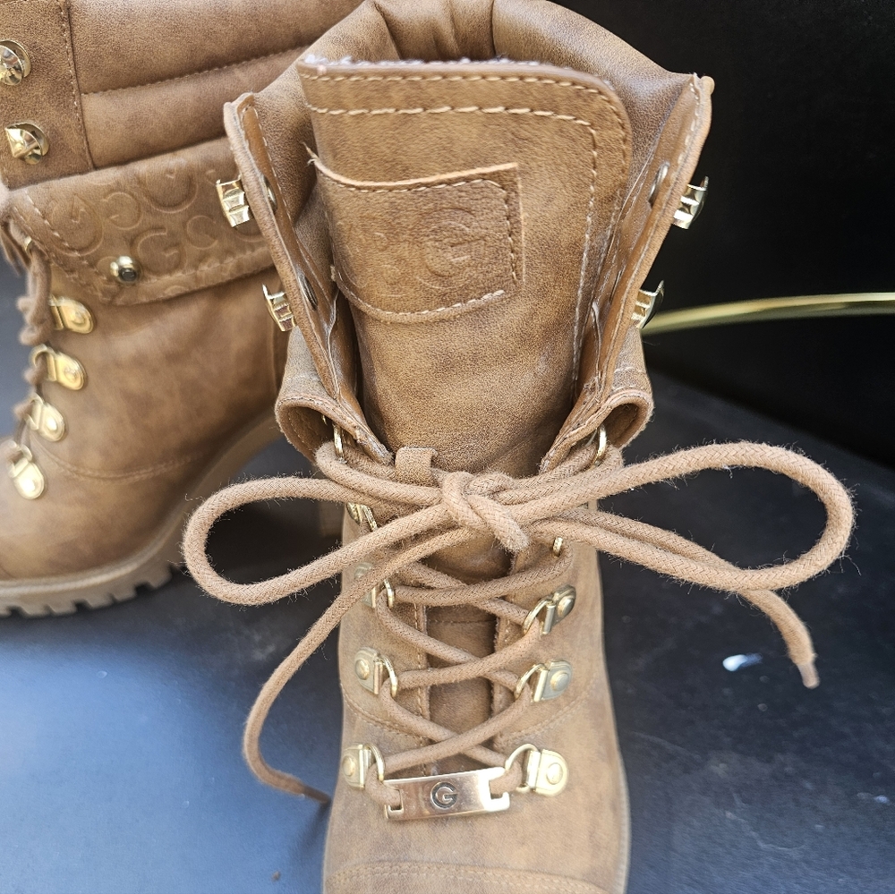 Brown Lace-Up Guess Boots with Gold Accents
